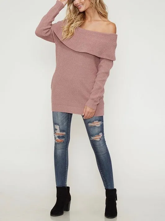 Essential Off The Shoulder Ribbed Knit Sweater with Pockets in Mauve