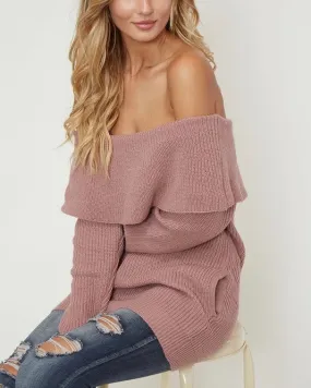 Essential Off The Shoulder Ribbed Knit Sweater with Pockets in Mauve