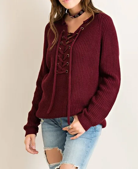 Final Sale - All Tied Up Lace-Up Front Sweater - More Colors