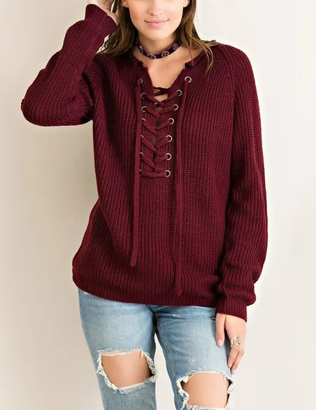 Final Sale - All Tied Up Lace-Up Front Sweater - More Colors