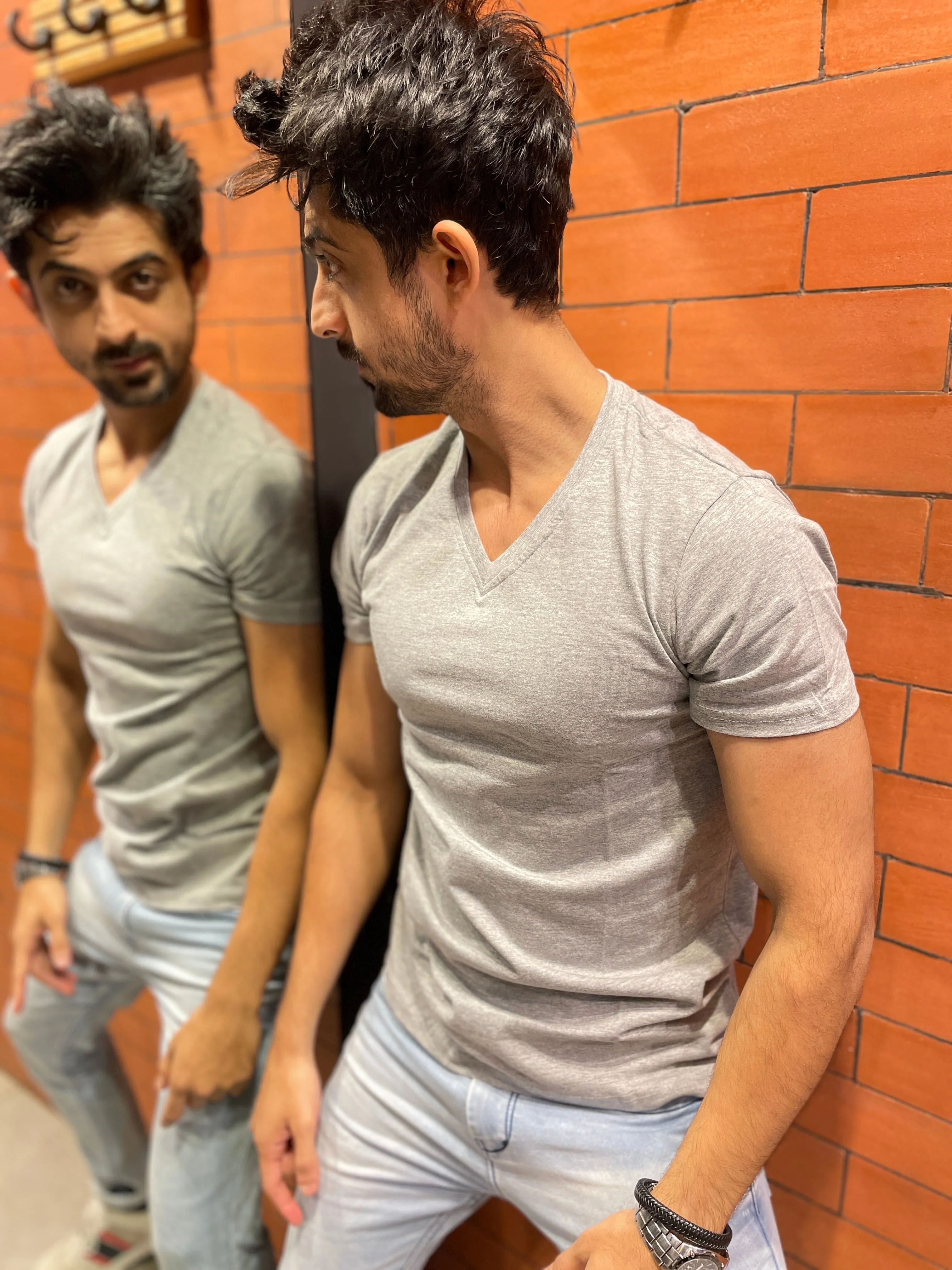 Grey Melange V neck Basic Tshirt