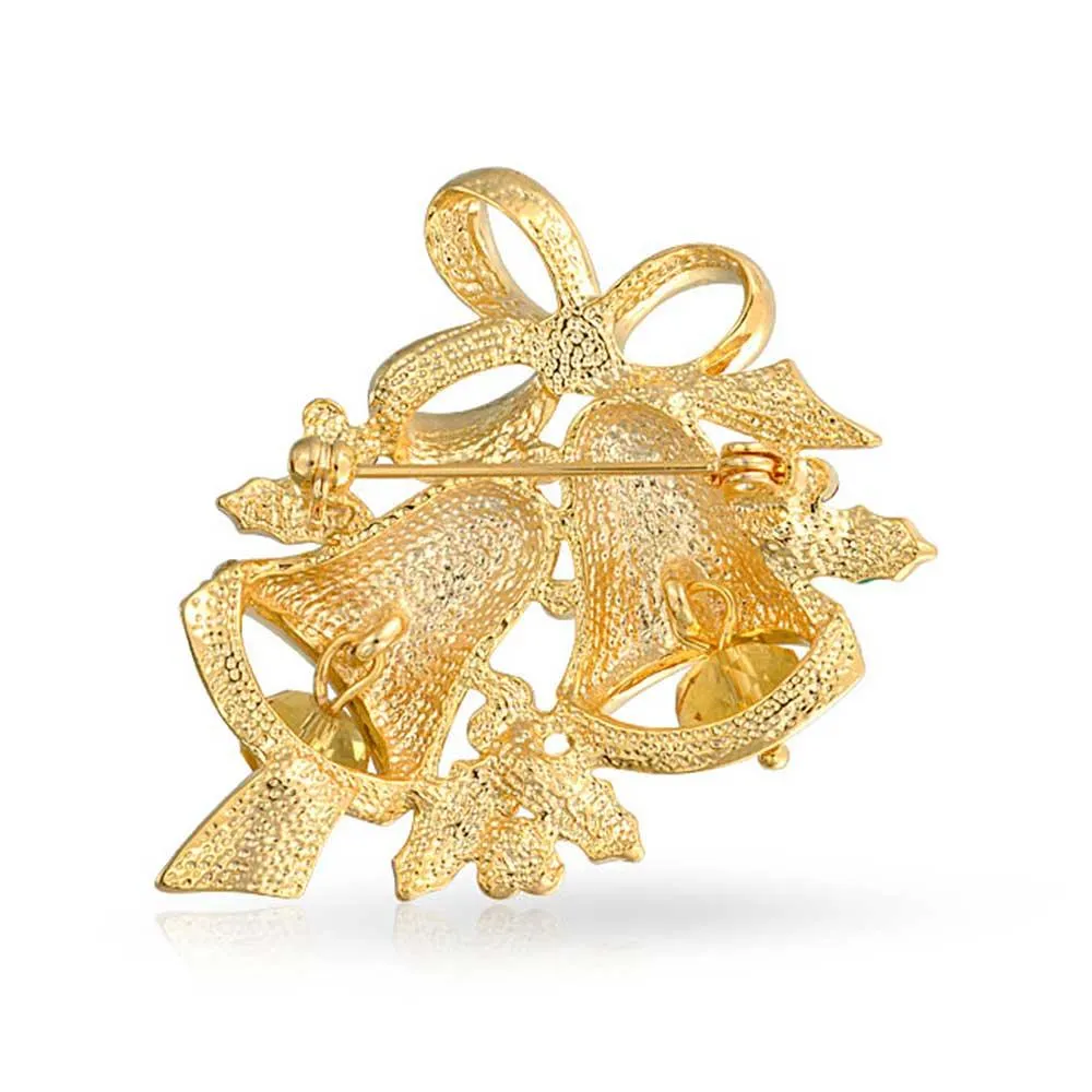 Large Statement Crystal Holly Christmas Tree & Bell Scarf Brooch Pin Gold Plated