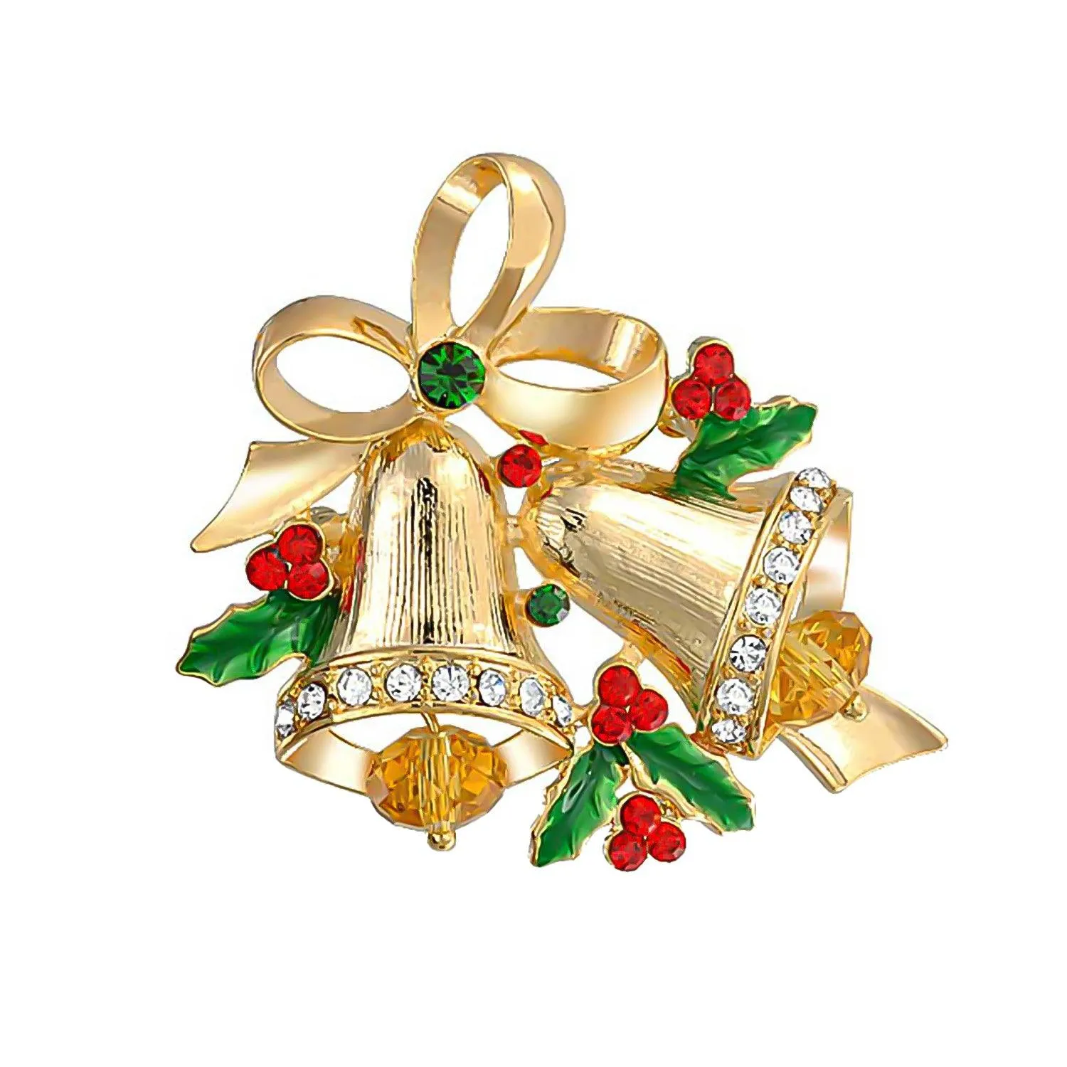 Large Statement Crystal Holly Christmas Tree & Bell Scarf Brooch Pin Gold Plated