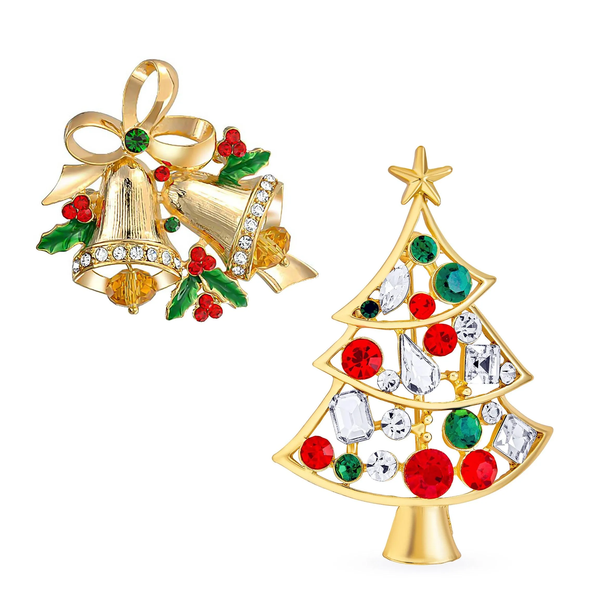 Large Statement Crystal Holly Christmas Tree & Bell Scarf Brooch Pin Gold Plated