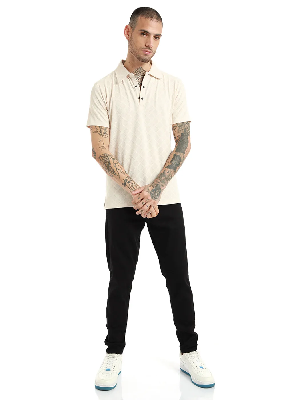 Lattice Print Off White Polo T-shirt