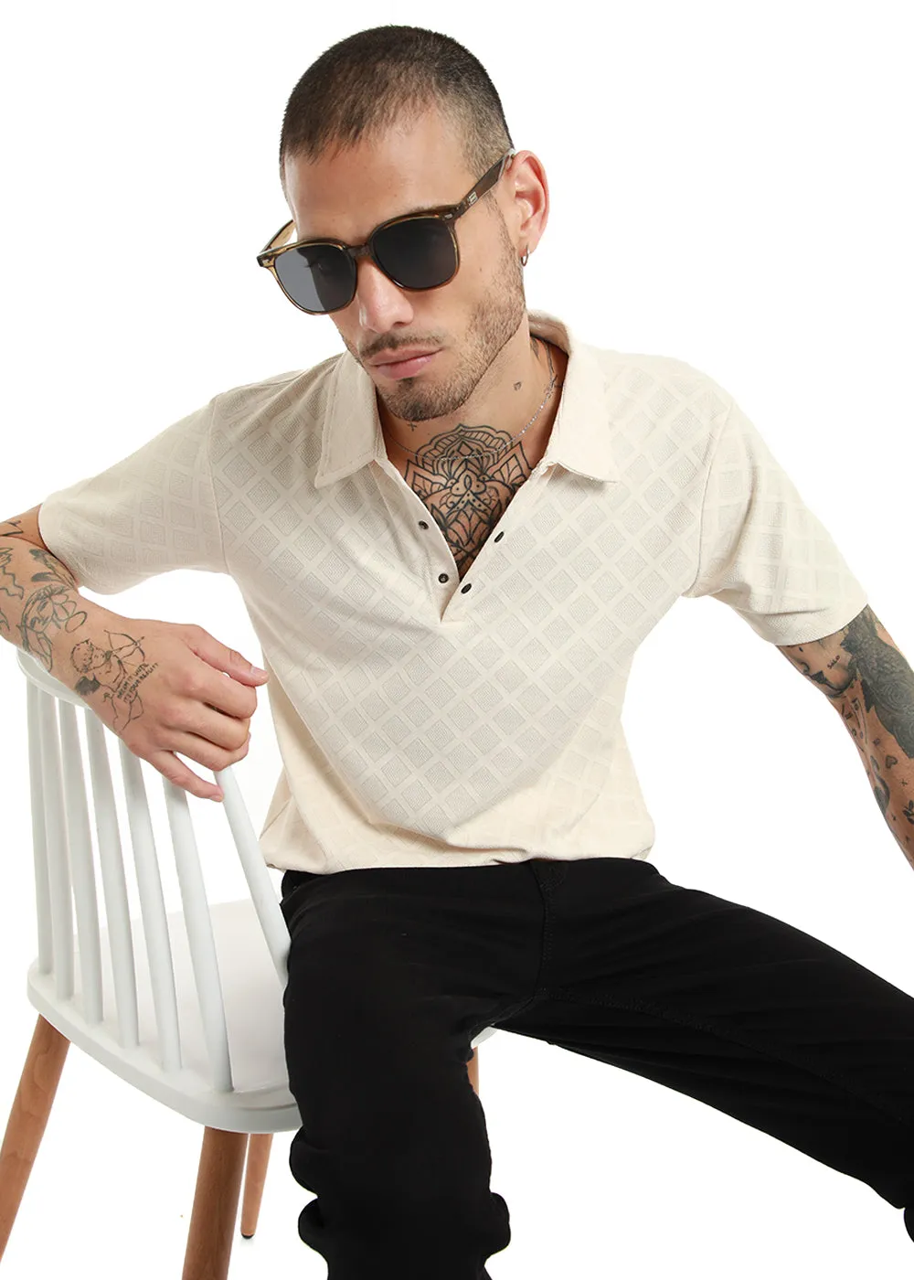 Lattice Print Off White Polo T-shirt