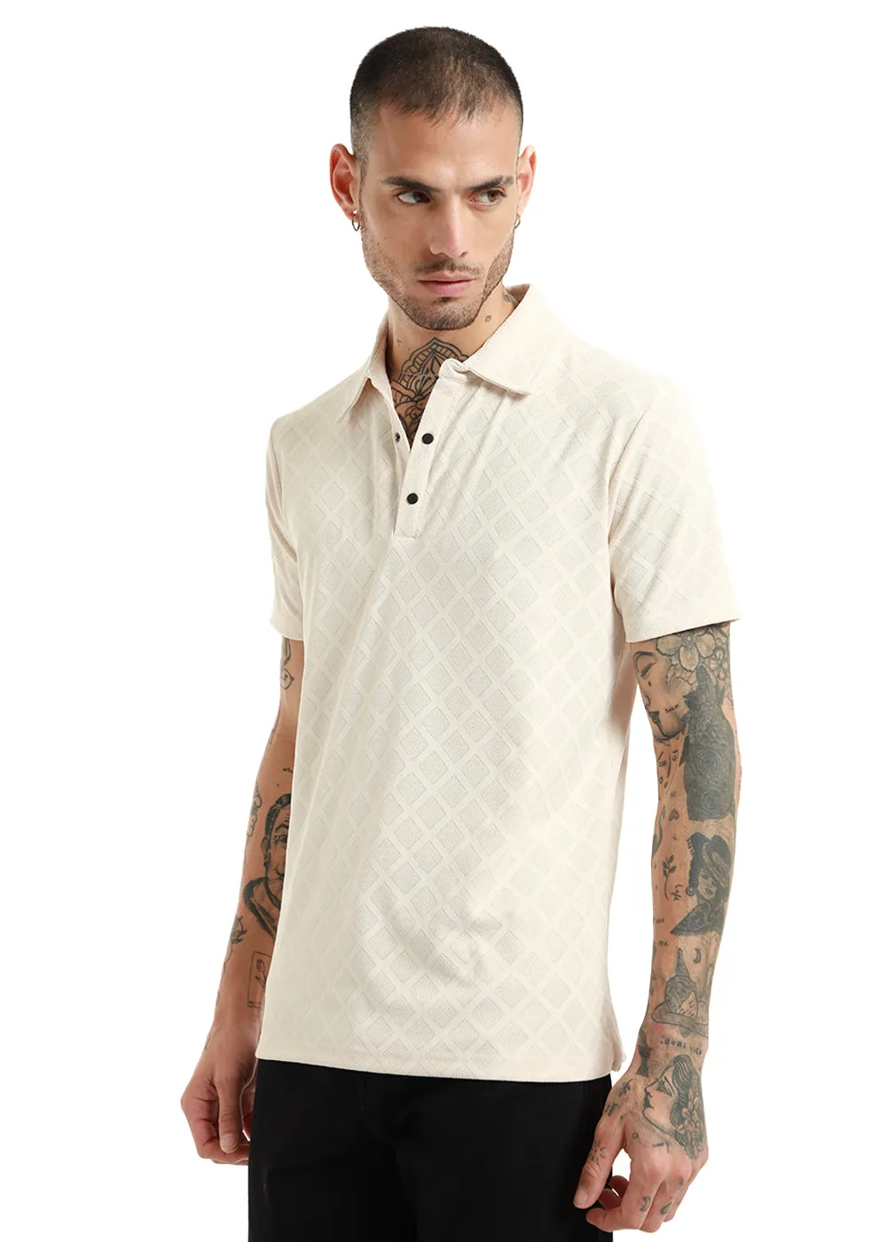 Lattice Print Off White Polo T-shirt