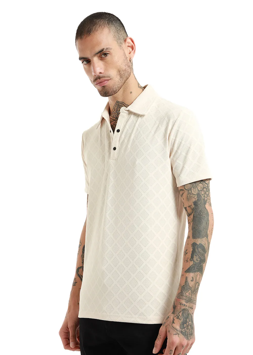 Lattice Print Off White Polo T-shirt