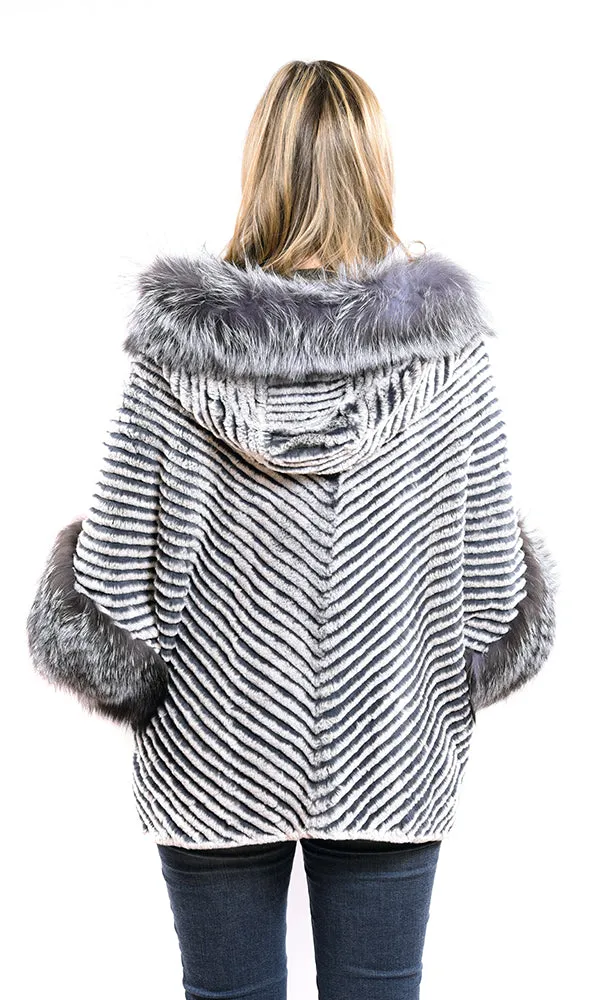 Layered rex poncho with hood silver fox trim