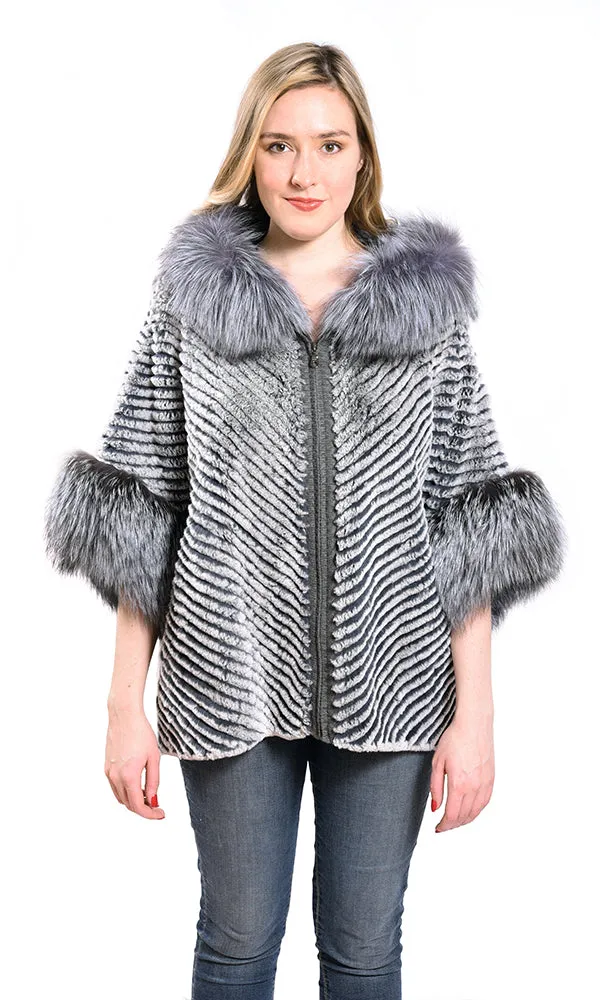 Layered rex poncho with hood silver fox trim