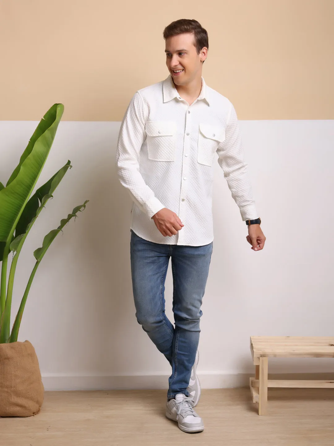 Man's Casual Imported Fabric Double Pocket Crush Shirts - White