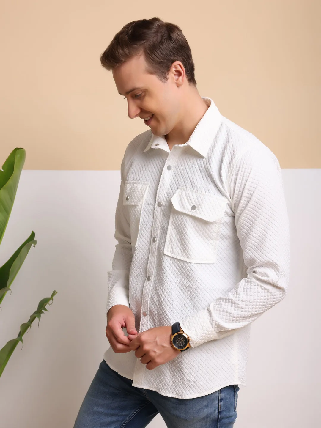 Man's Casual Imported Fabric Double Pocket Crush Shirts - White