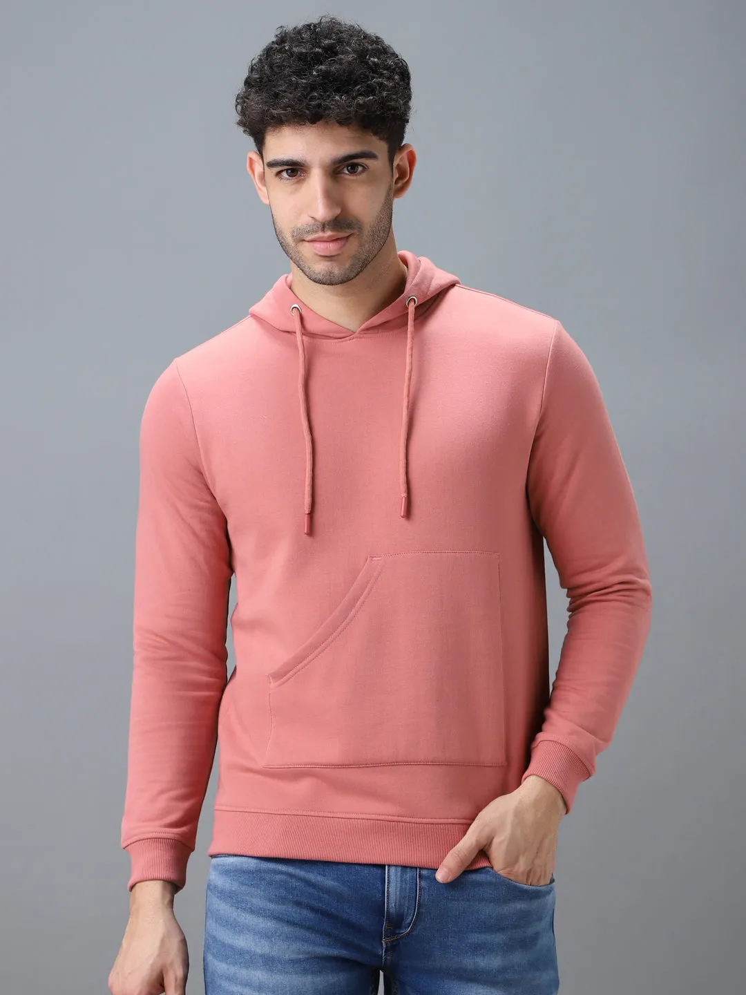 Men's Pink Cotton Solid Hooded Neck Sweatshirt