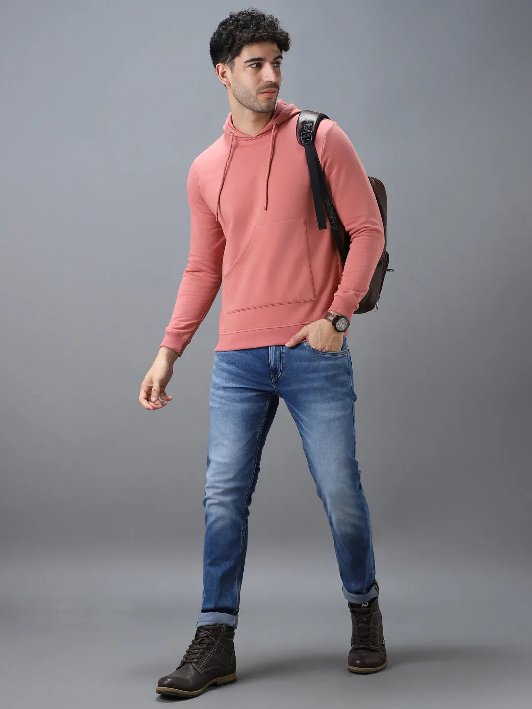 Men's Pink Cotton Solid Hooded Neck Sweatshirt