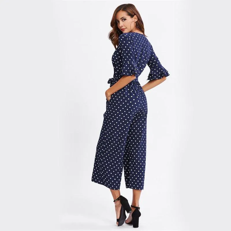 NAVY DOTS ANKLE PANTS JUMPSUIT