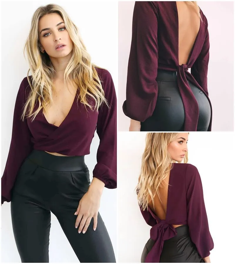 Oversized Open Back Tie Women's Crossover Front Long Sleeve Top