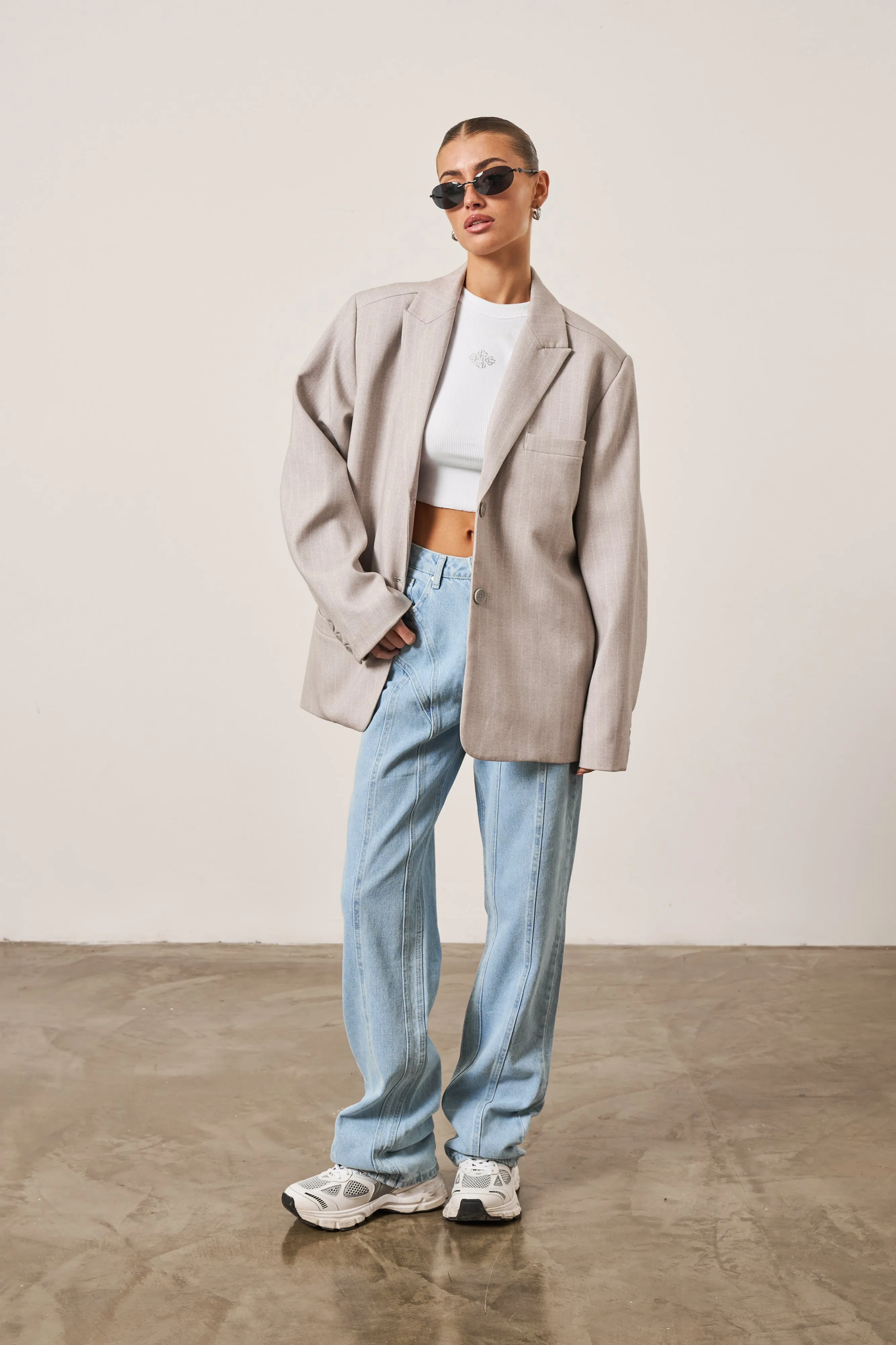 OVERSIZED PINSTRIPE BLAZER - GREY