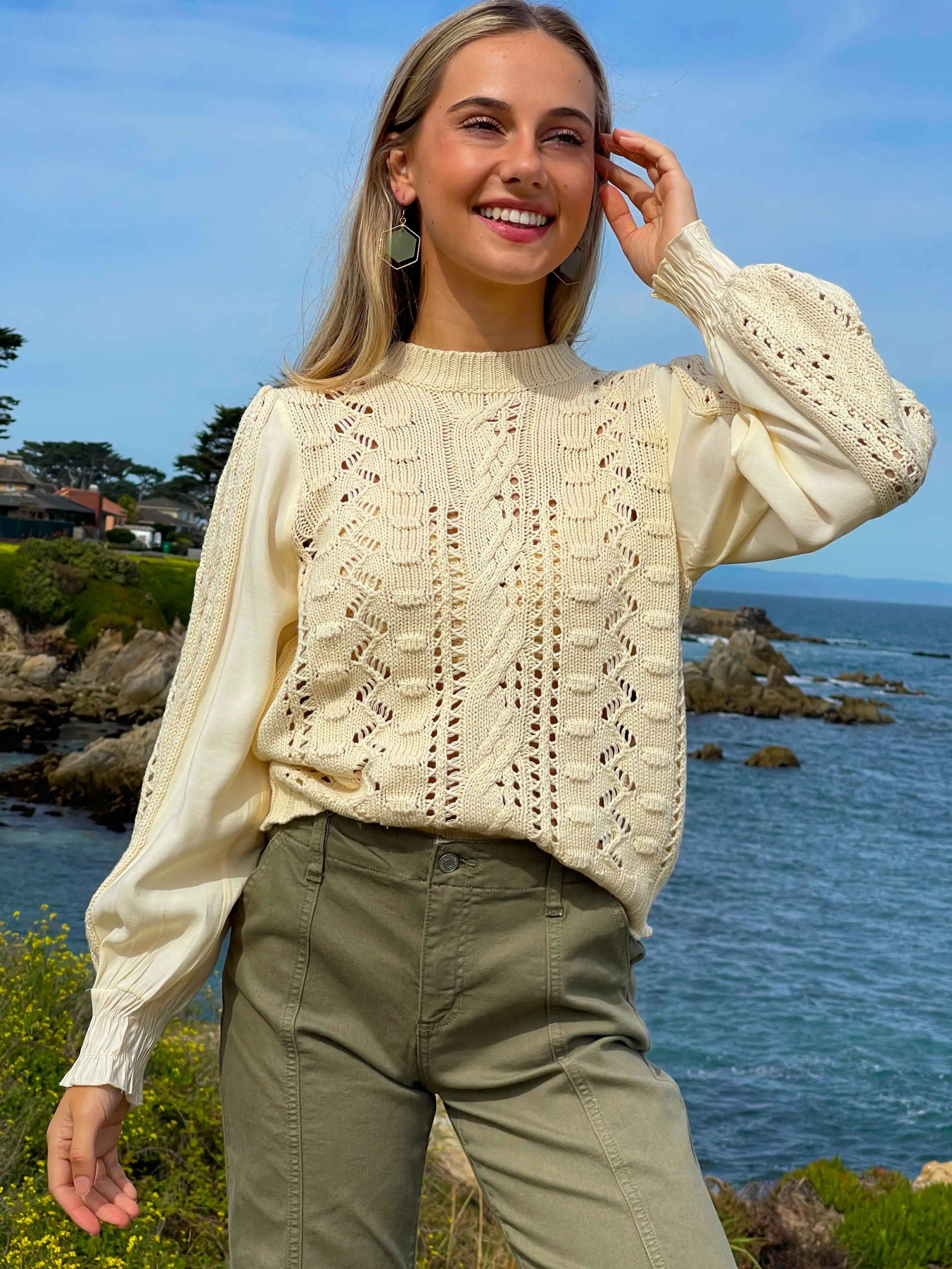 Spring Sweetness Contrast Sleeve Knit Sweater - Vintage Cream