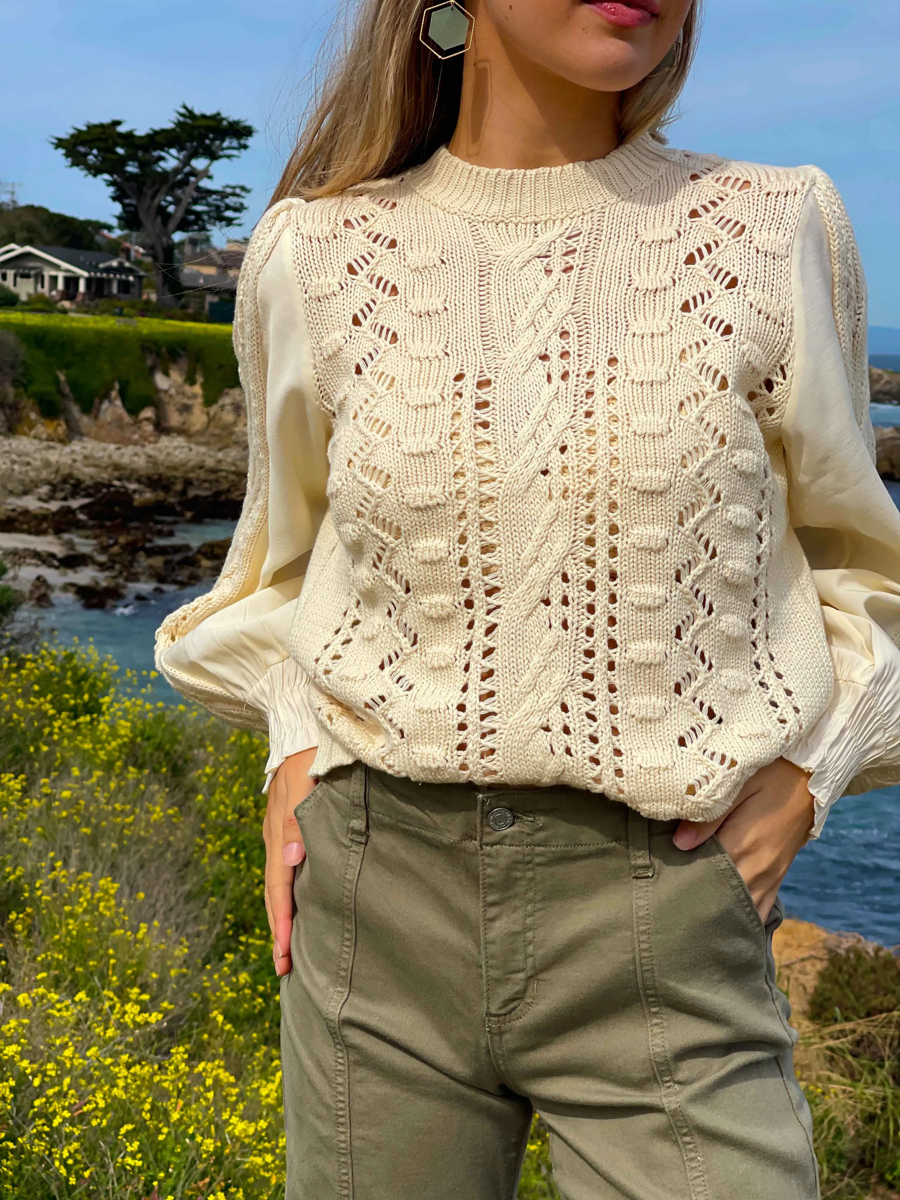 Spring Sweetness Contrast Sleeve Knit Sweater - Vintage Cream