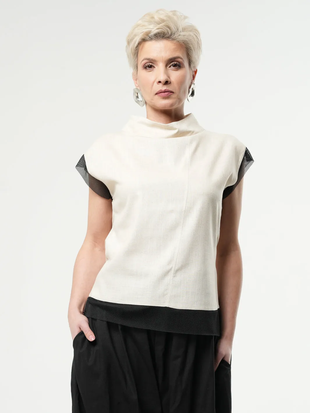 Turtleneck Linen Top In Beige