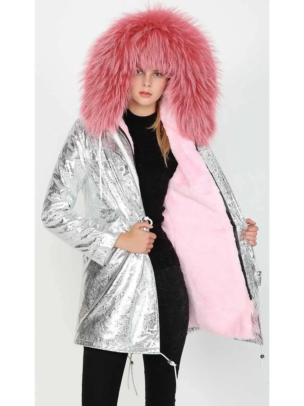 Women’s Crackle Silver Faux-Leather Full-Fur-Hooded and Lined Parka Coat