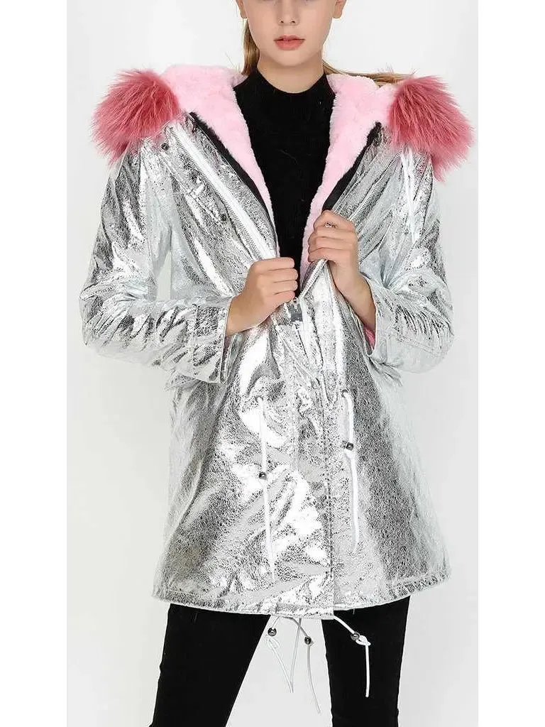 Women’s Crackle Silver Faux-Leather Full-Fur-Hooded and Lined Parka Coat