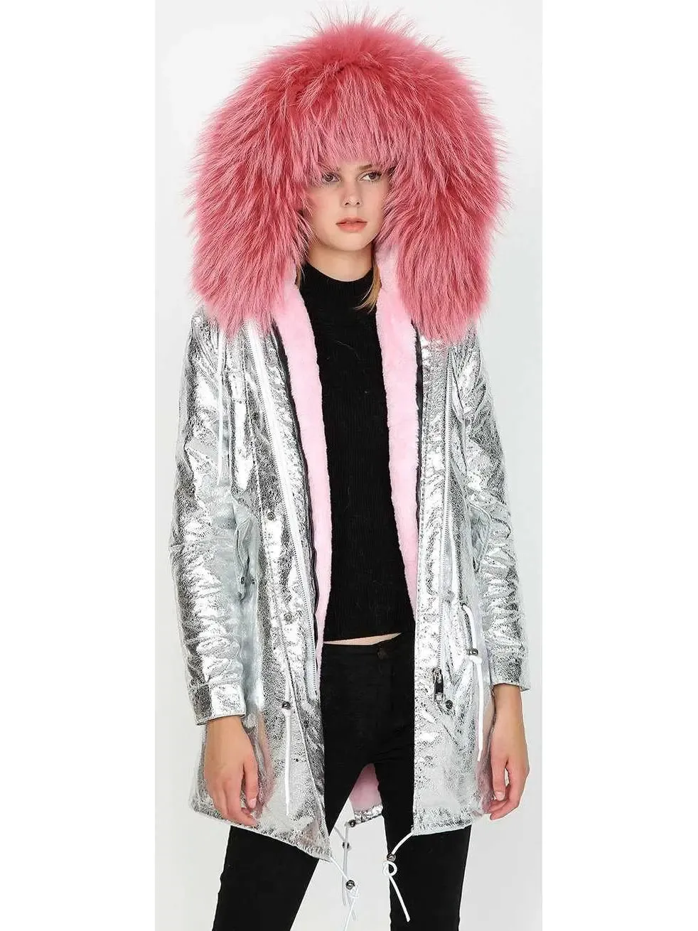 Women’s Crackle Silver Faux-Leather Full-Fur-Hooded and Lined Parka Coat