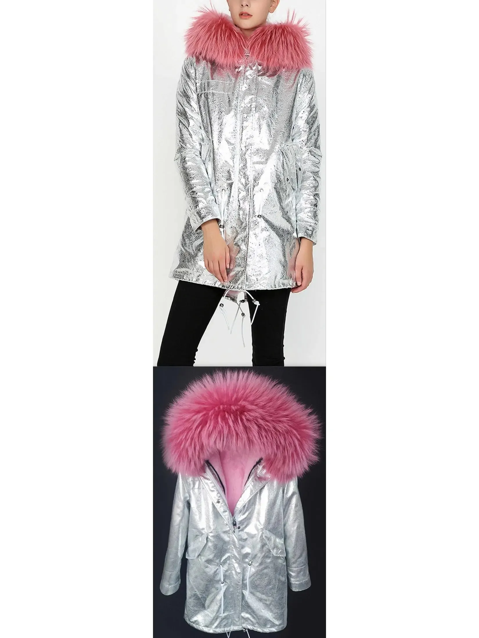 Women’s Crackle Silver Faux-Leather Full-Fur-Hooded and Lined Parka Coat