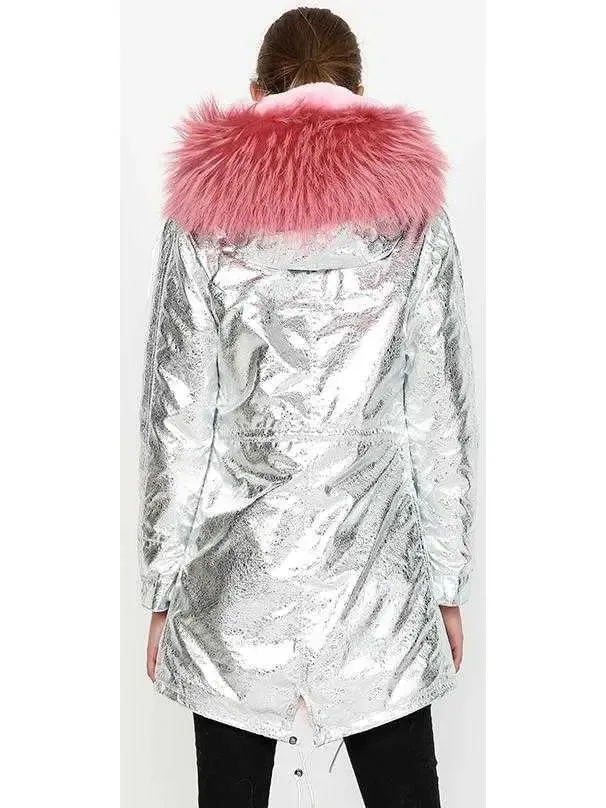 Women’s Crackle Silver Faux-Leather Full-Fur-Hooded and Lined Parka Coat