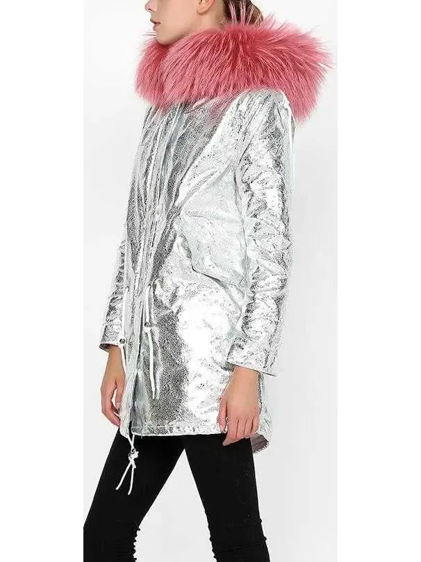 Women’s Crackle Silver Faux-Leather Full-Fur-Hooded and Lined Parka Coat